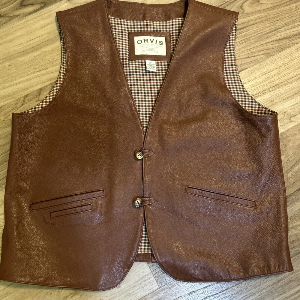 Orvis Vintage Brown Leather Vest Mens Plaid Lined Button Front Outdoor Heritage